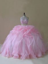 Best Halter Top Sleeveless Brush Train Lace Up Quinceanera Gowns Baby Pink Organza