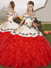 Best Selling White And Red Organza Lace Up 15 Quinceanera Dress Sleeveless Floor Length Embroidery and Ruffles