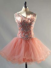 Attractive Peach Ball Gowns V-neck Sleeveless Tulle Mini Length Lace Up Beading Dress for Prom