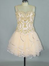  Champagne Tulle Lace Up Prom Dresses Sleeveless Mini Length Beading and Ruffles