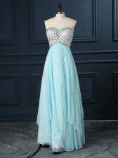  Sweetheart Sleeveless Prom Party Dress Floor Length Beading Light Blue Chiffon