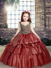  Red Sleeveless Floor Length Beading Lace Up Pageant Dress for Teens
