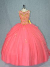 Great Watermelon Red Scoop Neckline Beading Ball Gown Prom Dress Sleeveless Lace Up