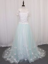 Excellent Apple Green A-line Scoop Short Sleeves Tulle Brush Train Clasp Handle Appliques Flower Girl Dress