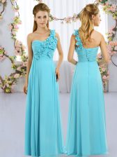  Aqua Blue Lace Up One Shoulder Hand Made Flower Quinceanera Court Dresses Chiffon Sleeveless