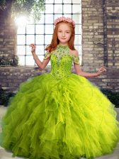 Custom Fit High-neck Sleeveless Tulle Kids Formal Wear Beading and Ruffles Lace Up