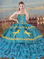 Trendy Floor Length Blue Ball Gown Prom Dress Satin and Organza Brush Train Sleeveless Embroidery and Ruffles