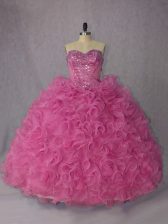 Adorable Organza Halter Top Sleeveless Brush Train Lace Up Beading and Ruffles Quinceanera Dress in Rose Pink 