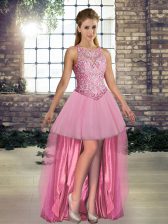  High Low Pink Prom Gown Scoop Sleeveless Lace Up