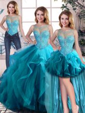  Floor Length Aqua Blue 15 Quinceanera Dress Tulle Sleeveless Beading and Ruffles