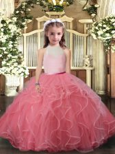  Ball Gowns Little Girls Pageant Dress Wholesale Watermelon Red High-neck Tulle Sleeveless Floor Length Backless