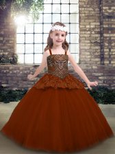  Rust Red Sleeveless Beading and Lace Floor Length Kids Pageant Dress