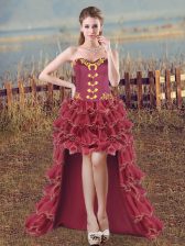 Pretty Sweetheart Sleeveless Prom Dress High Low Embroidery and Ruffles Burgundy Organza