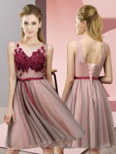  Knee Length Empire Sleeveless Baby Pink Dama Dress Lace Up