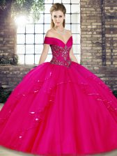 Low Price Floor Length Fuchsia Quinceanera Dresses Tulle Sleeveless Beading and Ruffles