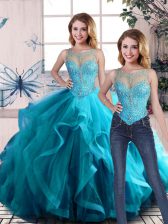 Edgy Aqua Blue Sleeveless Floor Length Beading and Ruffles Lace Up Quinceanera Dresses