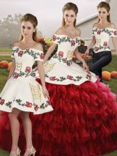  Wine Red Sleeveless Floor Length Embroidery and Ruffled Layers Lace Up Quinceanera Gowns