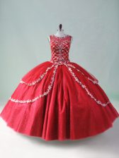 Wonderful Ball Gowns Quinceanera Gowns Red Scoop Tulle Sleeveless Floor Length Zipper