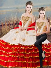 Best Floor Length White And Red Sweet 16 Dresses Organza Sleeveless Appliques and Ruffled Layers