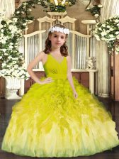 Fashion Tulle V-neck Sleeveless Zipper Ruffles Little Girls Pageant Gowns in Olive Green