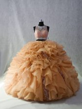  Sleeveless Beading and Ruffles and Sequins Zipper Quinceanera Gowns with Champagne Brush Train