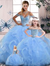 Floor Length Blue Sweet 16 Dresses Tulle Sleeveless Beading and Ruffles
