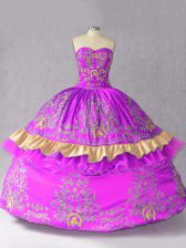 Sweet Purple Ball Gowns Embroidery and Bowknot Quinceanera Dresses Lace Up Satin and Organza Sleeveless Floor Length