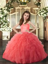 Beauteous Coral Red Sleeveless Tulle Lace Up Little Girl Pageant Gowns for Party and Sweet 16 and Wedding Party