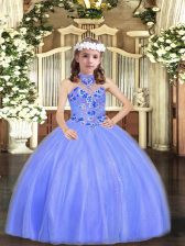  Blue Sleeveless Floor Length Appliques Lace Up Pageant Dress Wholesale