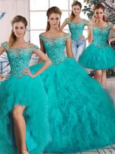 Fine Aqua Blue Lace Up Quinceanera Dresses Beading and Ruffles Long Sleeves Brush Train