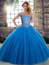  Sleeveless Floor Length Beading Lace Up Ball Gown Prom Dress with Blue