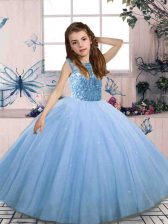 New Arrival Mermaid Kids Formal Wear Blue Scoop Tulle Sleeveless Floor Length Lace Up