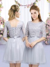 Admirable Lace and Belt Damas Dress Grey Lace Up Half Sleeves Mini Length