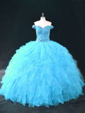Sophisticated Aqua Blue Ball Gowns Off The Shoulder Sleeveless Tulle Floor Length Lace Up Beading and Ruffles Quinceanera Gown