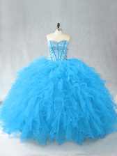 Top Selling Baby Blue Sleeveless Floor Length Beading and Ruffles Lace Up Vestidos de Quinceanera