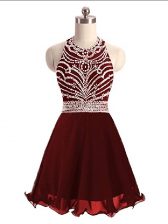 Graceful A-line Prom Evening Gown Burgundy Halter Top Sleeveless Mini Length Lace Up