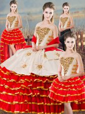 Stunning Sweetheart Sleeveless Quinceanera Dress Floor Length Beading and Ruffled Layers White And Red Organza