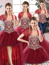 Edgy Sleeveless Tulle Floor Length Lace Up 15th Birthday Dress in Burgundy with Beading and Ruffles
