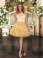  Organza Scoop Sleeveless Zipper Lace and Ruffles Prom Dress in Gold