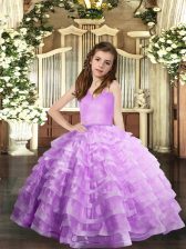  Sleeveless Floor Length Ruffled Layers Lace Up Child Pageant Dress with Lavender