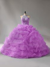 Inexpensive Organza Halter Top Sleeveless Court Train Lace Up Beading and Pick Ups Vestidos de Quinceanera in Lilac
