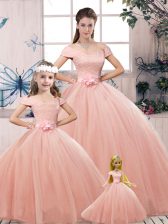 Customized Short Sleeves Lace Up Floor Length Lace and Hand Made Flower Sweet 16 Dresses