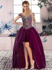 Luxurious Purple A-line Beading Prom Evening Gown Lace Up Tulle Sleeveless High Low
