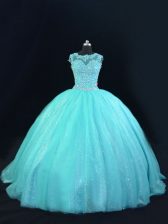 Noble Floor Length Aqua Blue Quinceanera Dress Tulle Sleeveless Beading and Lace