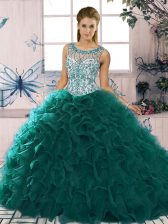  Peacock Green Ball Gowns Beading and Ruffles Sweet 16 Dress Lace Up Organza Sleeveless Floor Length