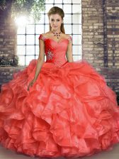  Off The Shoulder Sleeveless Organza Quince Ball Gowns Beading and Ruffles Lace Up