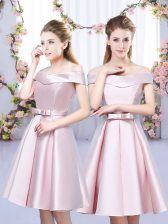 Sleeveless Mini Length Bowknot Lace Up Vestidos de Damas with Baby Pink