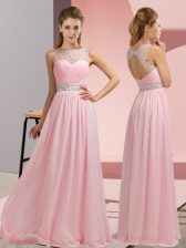 Exceptional Baby Pink Chiffon Backless Prom Evening Gown Sleeveless Floor Length Beading