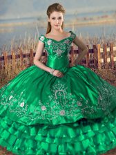 Customized Floor Length Green Sweet 16 Dress Off The Shoulder Sleeveless Lace Up