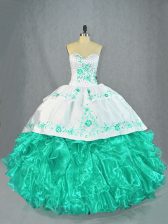New Arrival Turquoise Lace Up Quinceanera Dress Embroidery and Ruffles Sleeveless Floor Length